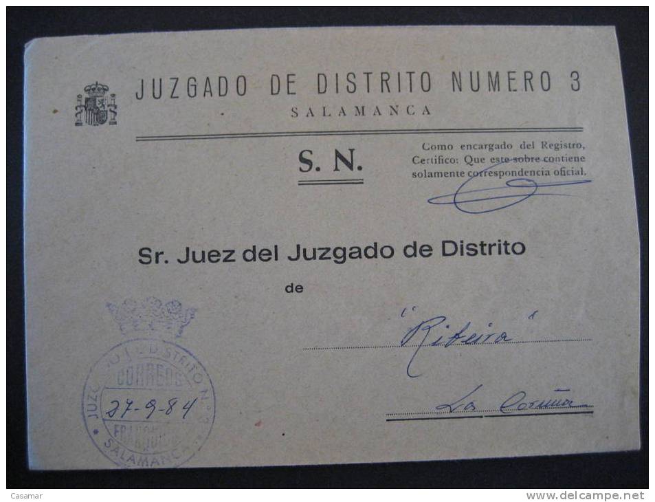 SALAMANCA 1984 A Ribeira Coruña Juzgado Distrito Nº3 Franquicia Postage Paid Sobre Cover Lettre - Franchise Postale