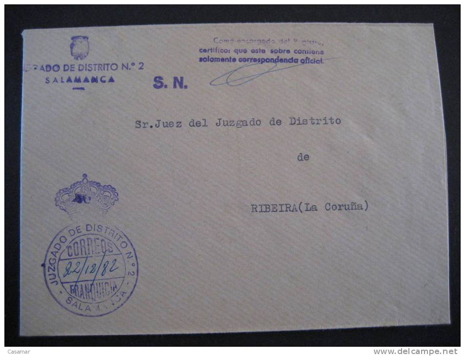 SALAMANCA 1982 A Ribeira Coruña Juzgado Distrito Nº2 Franquicia Postage Paid Sobre Cover Lettre - Vrijstelling Van Portkosten