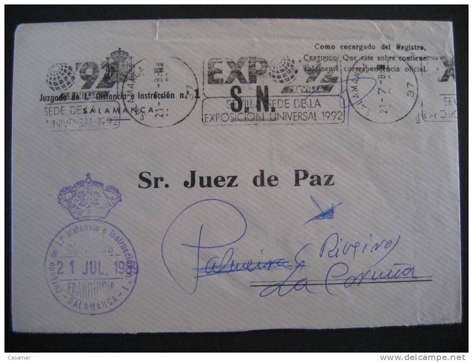 SALAMANCA 1989 A Ribeira Coruña Juzgado 1ª Instancia Instruccion Nº1 Juez Paz Franquicia Postage Paid Sobre Cover Lettre - Postage Free