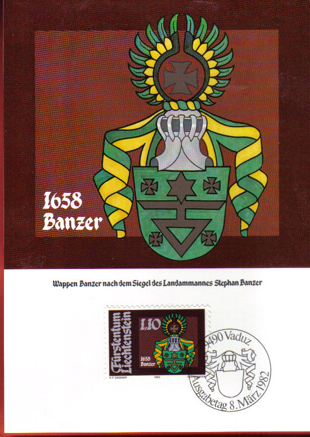 S498 Lot 4 Carte-Maximum-Card Landammännerwappen III,Wappen Kaufmann,Banzer,Walser,Kaiser.Armoiries,Vaduz 8.3.1982 - Cartes-Maximum (CM)