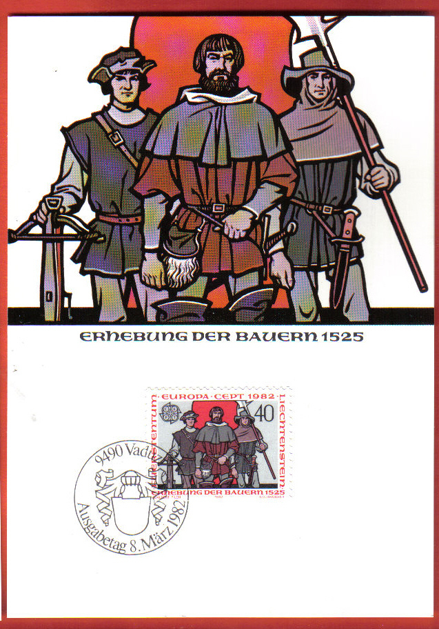 S500 Lot 2 Carte-Maximum-Card Europa CEPT 1982 Peasants Revolt,Imperial Immediacy,Erhebung Bauern.Vaduz FDC 8.3.1982 - Maximum Cards