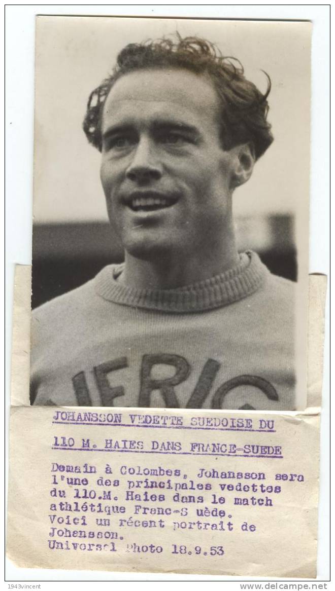 P1- PHOTO DE PRESSE - JOHANSSON - Vedette Du 110m Haie - 1953 - - Atletica