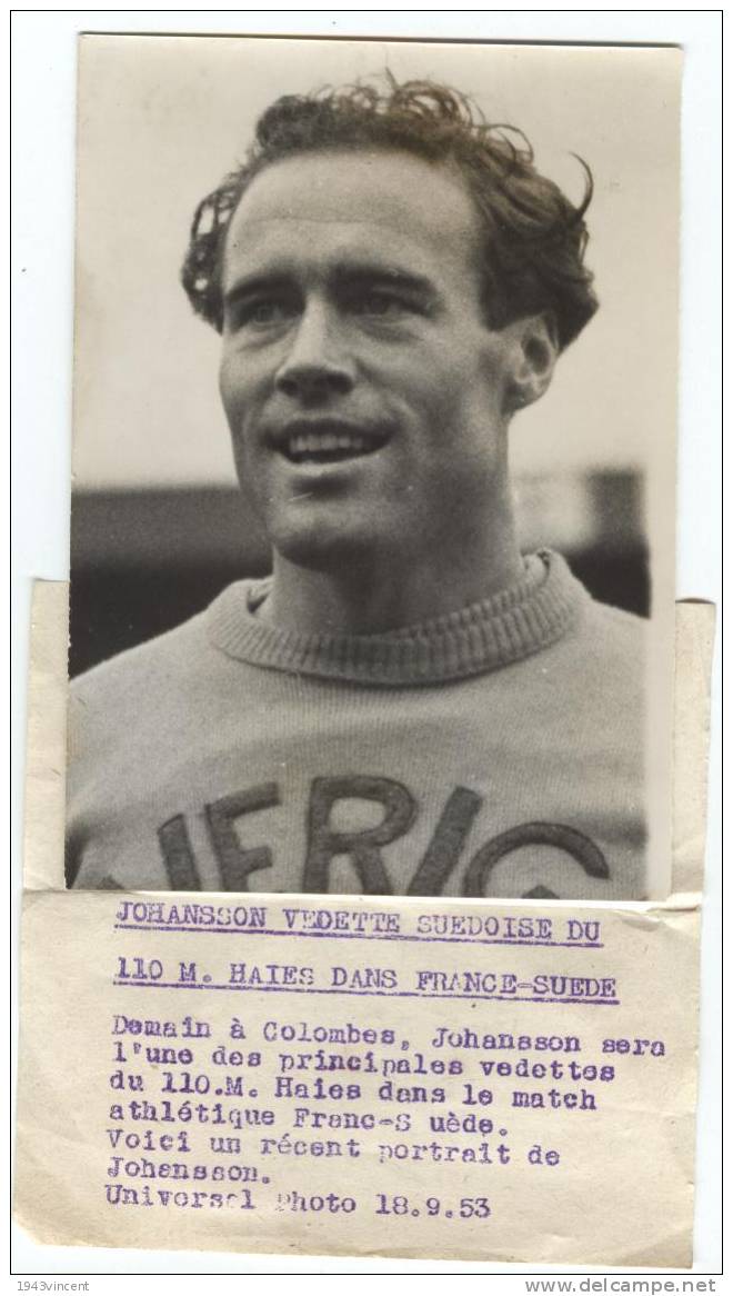 P1- PHOTO DE PRESSE - JOHANSSON - Vedette Du 110m Haie - 1953 - - Athlétisme