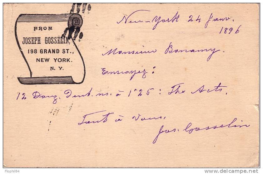 USA-NEW YORK POUR LA FRANCE-ENTIER POSTAL PRIVEE AVECCOMPLEMENT D'AFFRANCHISSEMENT POUR LA FRANCE - FROM JOSEPH GOSSELIN - ...-1900