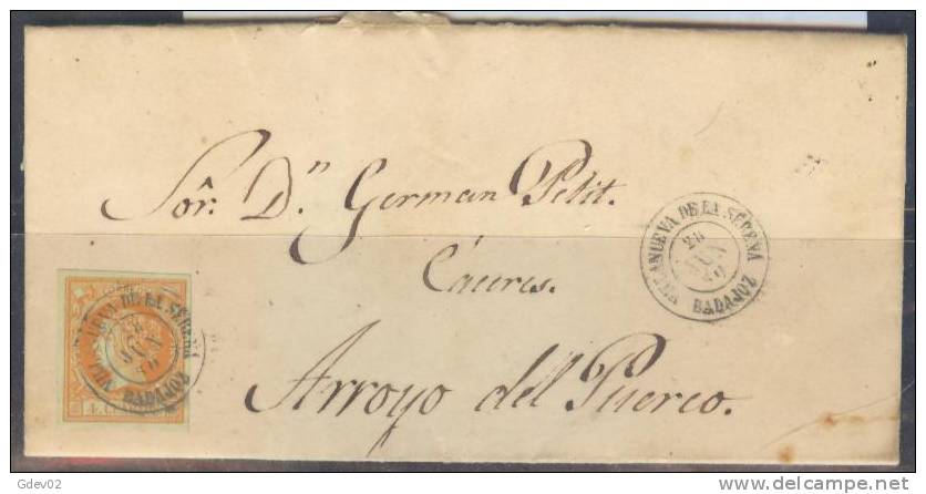 ESCA52-L3424DM. VILLANUEVA DE LA SERENA(Badajoz)  A ARROYO DEL PUERCO(Caceres).1860.(Ed 52).MUY BONITA - Covers & Documents