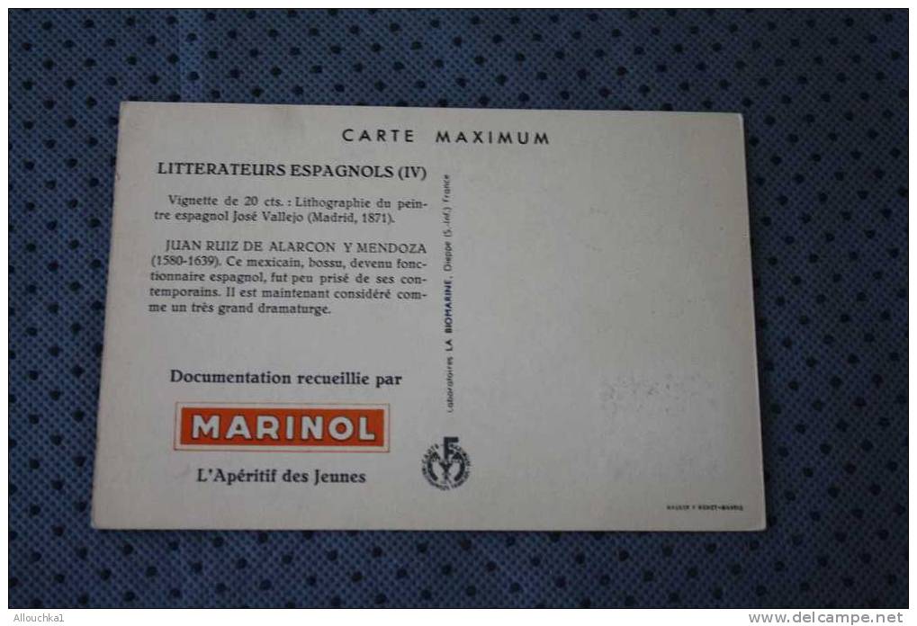 1954 CARTE MAXIMUM CM JUAN RUIZ DE ALARCON Y MENDOZA LITTERAREUR ESPAGNOL PUBLICITAIRE MEDICAL PHARMACIA A VERSO:MARINOL - Maximum Cards