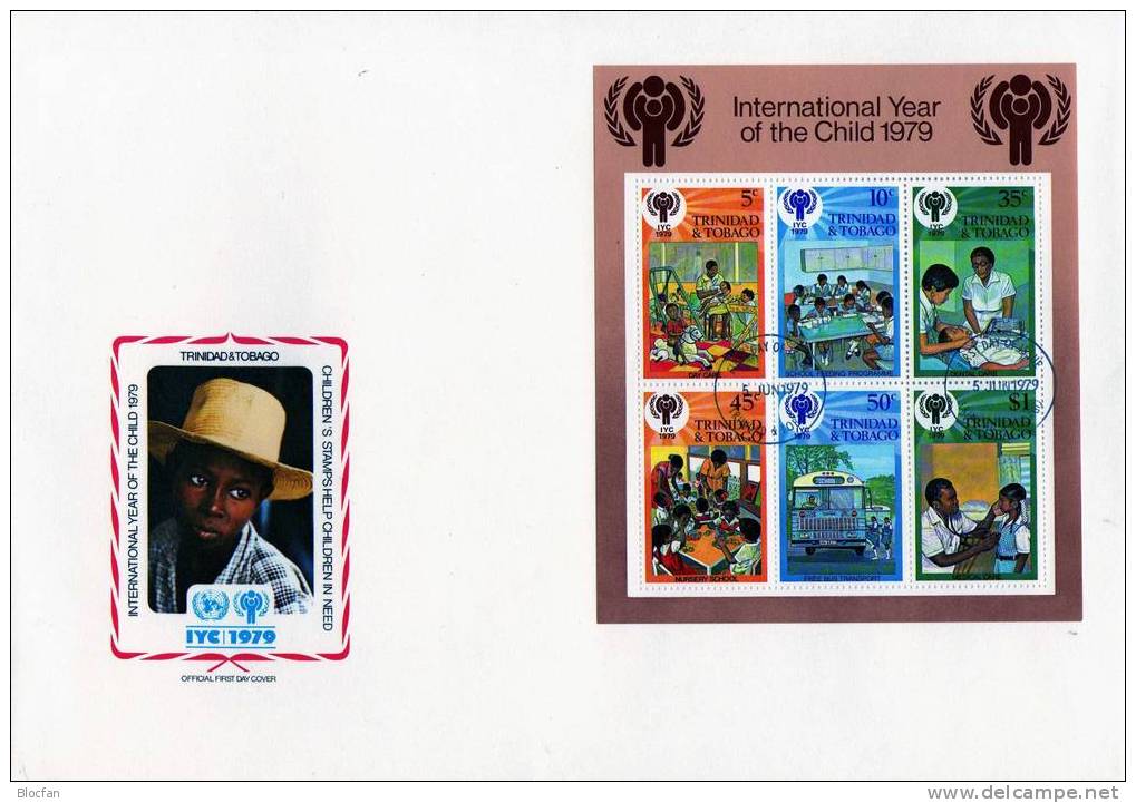 UNO Jahr Des Kindes 1979 Kinder-Versorgung Trinidad 385/0+Block 26 Auf 3FDC 10€ UNICEF Children Covers Sheet Bf Caribic - Trinité & Tobago (1962-...)
