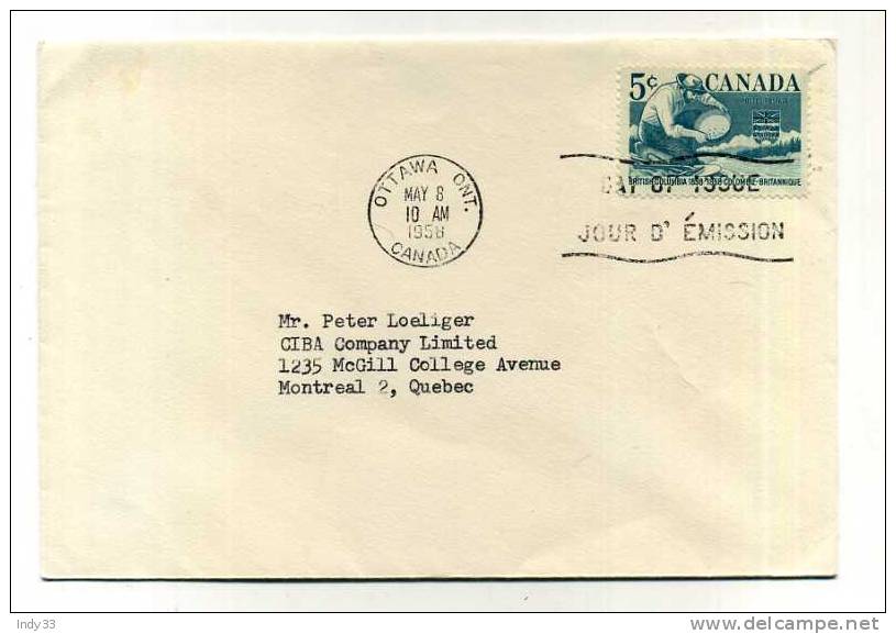 - CANADA FDC 1952/60 . BRITISH COLUMBIA 1858 1958 .  CACHET 1er  JOUR OTTAWA 8/5/58 - 1952-1960