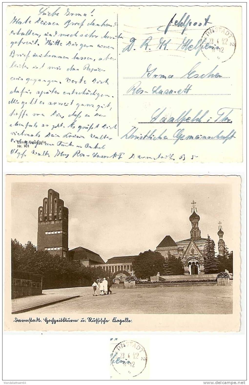 AK 101 Darmstadt Hochzeitsturm U. Russische Kapelle 23.4.42 11-12 DARMSTADT 2 Feldpost Nach Saalfeld In Thüringen - Darmstadt