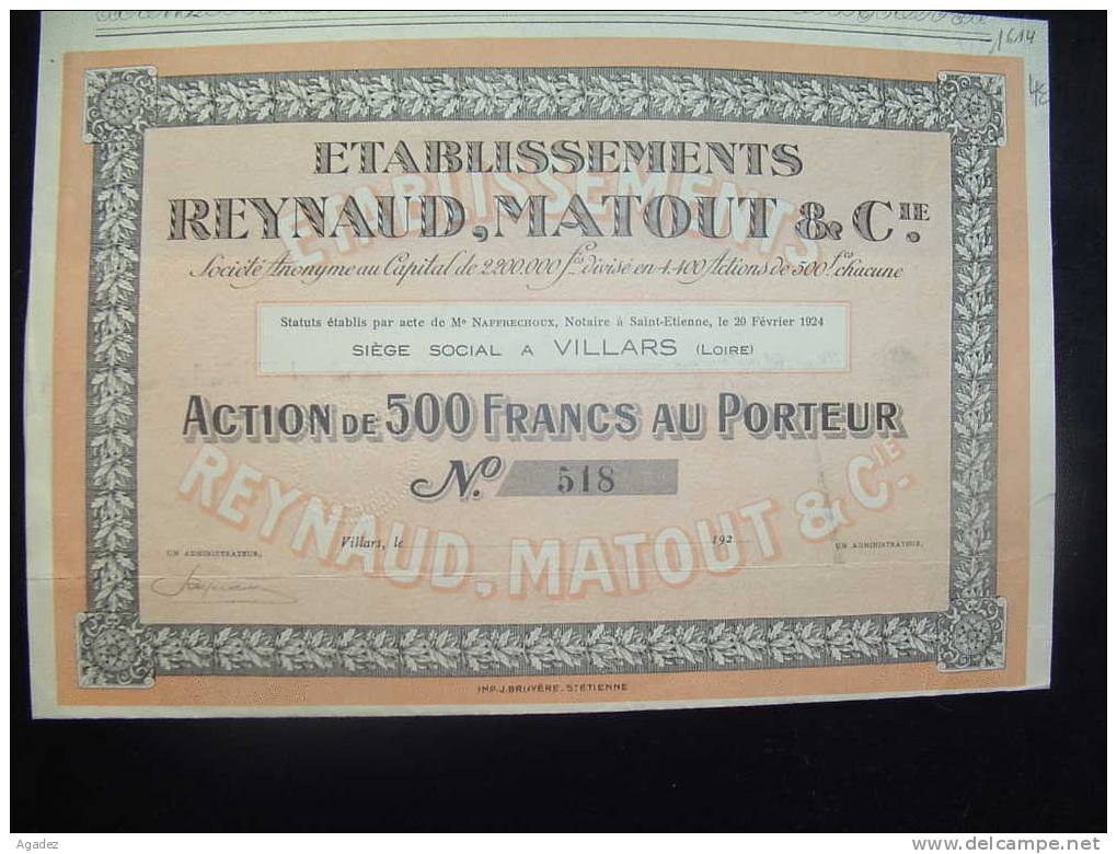 Action"Et.Reynaud,Matout & Cie" Villars ( Loire) Bon état,avec Tous Les Coupons. - Industry