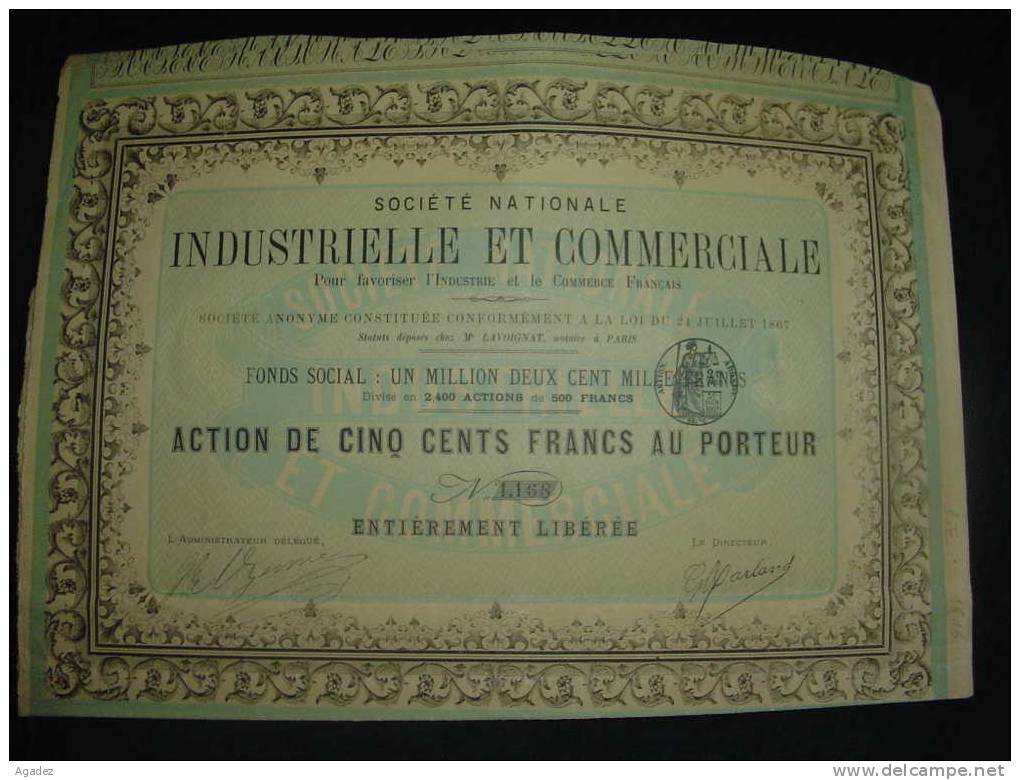 Action " Sté Nationale Industrielle Et Commerciale Pour Favoriser L'industrie Et Le Commerce Français " Paris 1867 - Industrie