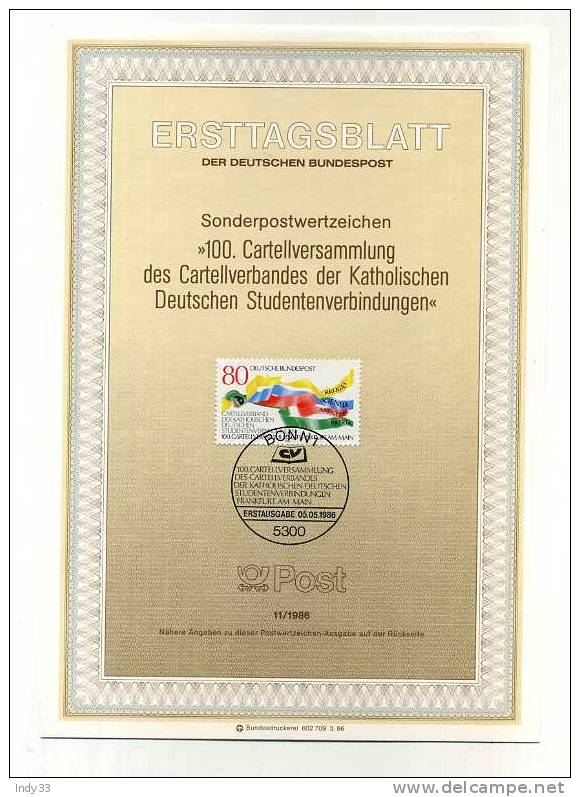 - ALLEMAGNE  RFA FDC FEUILLE . 100. CARTELLVERSAMMLUNG DES CARTELLVERBANDES DER KATHOLISCHEN DE  . 1er JOUR 5/5/86  BONN - Otros & Sin Clasificación