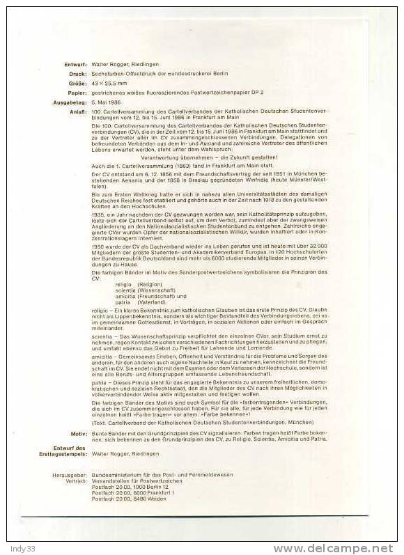 - ALLEMAGNE  RFA FDC FEUILLE . 100. CARTELLVERSAMMLUNG DES CARTELLVERBANDES DER KATHOLISCHEN DE  . 1er JOUR 5/5/86  BONN - Andere & Zonder Classificatie