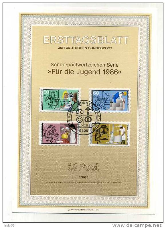 - ALLEMAGNE . RFA . FDC FÜR DIE JUGEND 1986  . CACHET 1er JOUR 10/4/86  BONN - Otros & Sin Clasificación