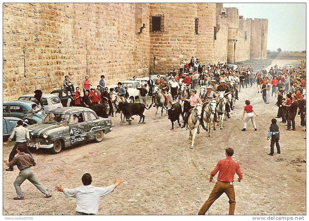 Aigues Mortes ( Gard) Une Abrivade Tareau Et Cheval Le Long Des Remparts Voiture En Fete - Aigues-Mortes