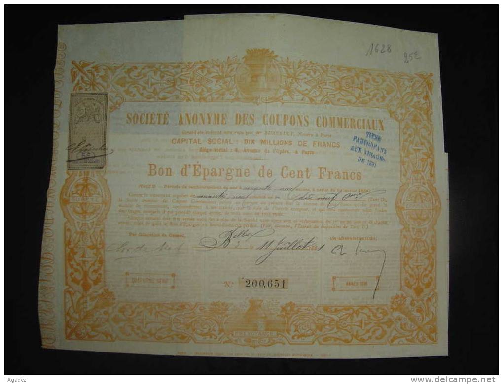 Société Anonyme Des Coupons Commerciaux Bon D'epargne De 100 Francs Paris 1881 - Bank En Verzekering