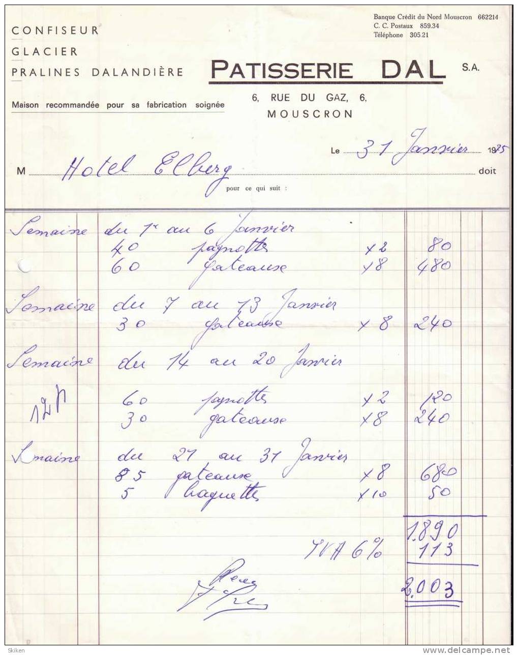 MOUSCRON  PATISSERIE DAL  Confiseur Glacier Pralines Dalandiere  31.01.1975 - Sonstige & Ohne Zuordnung