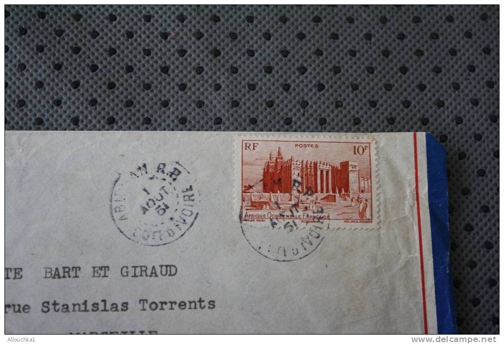 1951 A.O.F. AFRIQUE OCCIDENTALE FRANCAISE ABIDJAN RP COTE D' IVOIRE LETTRE OMEC CACHET MANUELS P/ MARSEILLE P/AVION AIR - Briefe U. Dokumente