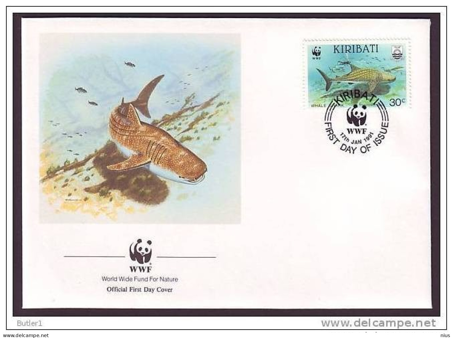 Kiribati 1991 WWF W. W. F. FDC Manta Ray Whale Shark Animals Fauna Fishes Marine Life Set X4 - FDC