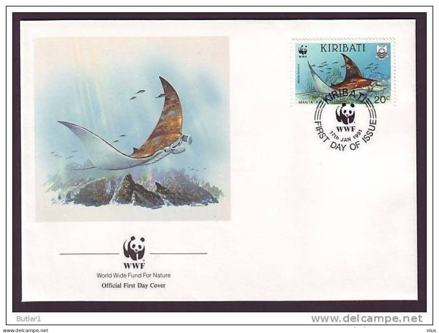 Kiribati 1991 WWF W. W. F. FDC Manta Ray Whale Shark Animals Fauna Fishes Marine Life Set X4 - FDC