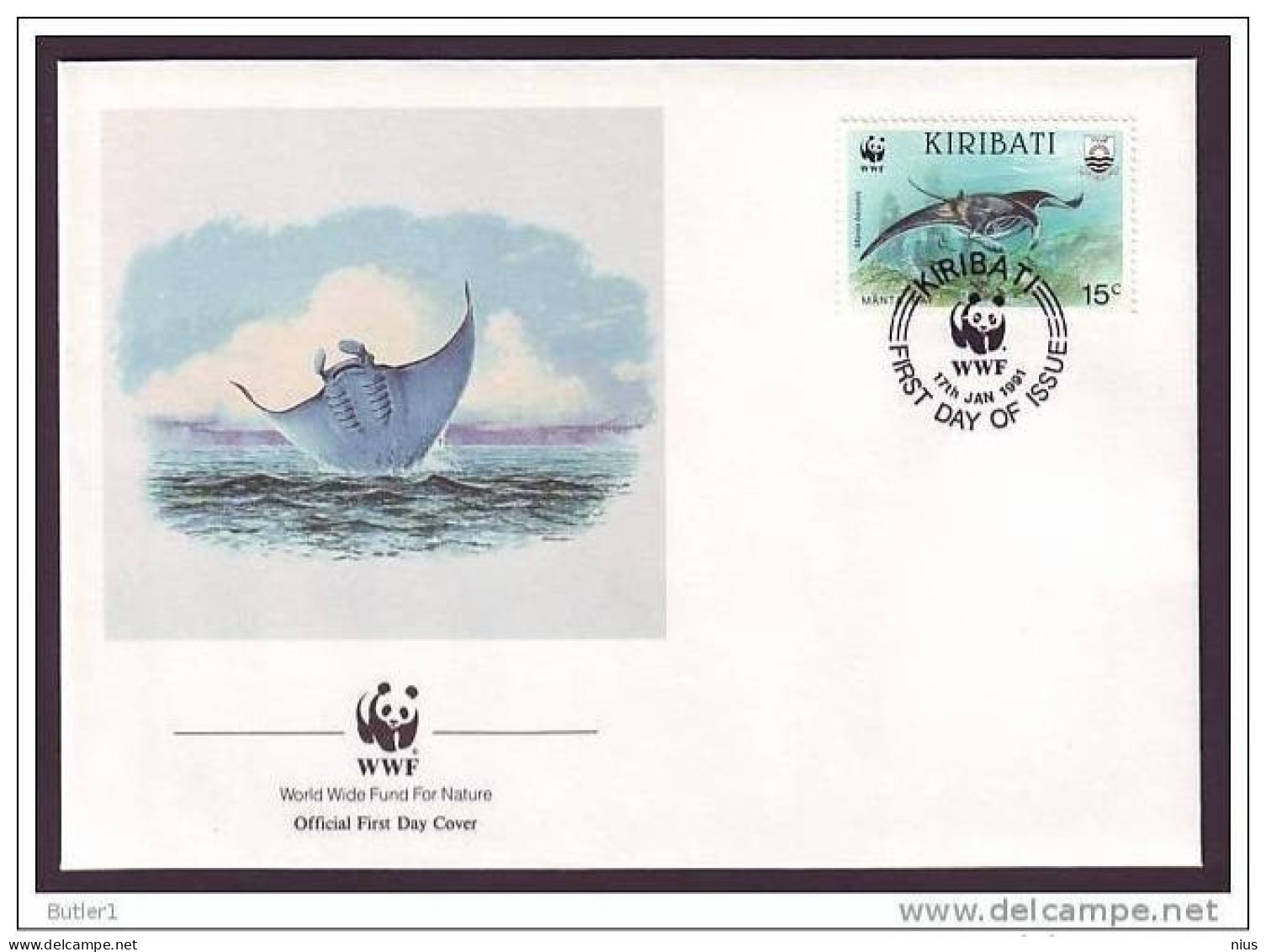 Kiribati 1991 WWF W. W. F. FDC Manta Ray Whale Shark Animals Fauna Fishes Marine Life Set X4 - FDC