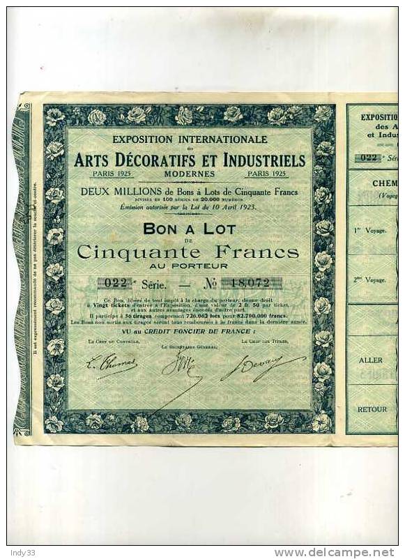 - FRANCE EXPO INTERNATIONALE DES ARTS DECORATIFS ET INDUSTRIELS . PARIS 1925 . BON A LOTS DE 50F - Industrie