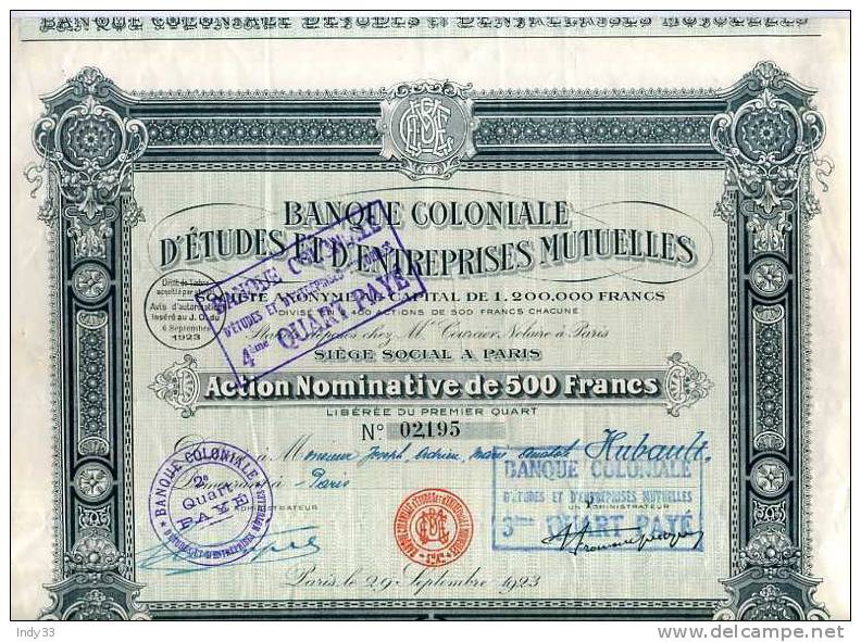 - FRANCE . BANQUE COLONIALE D´ETUDES ET D´ENTREPRISES MUTUELLES . ACTION DE 500F - Banque & Assurance