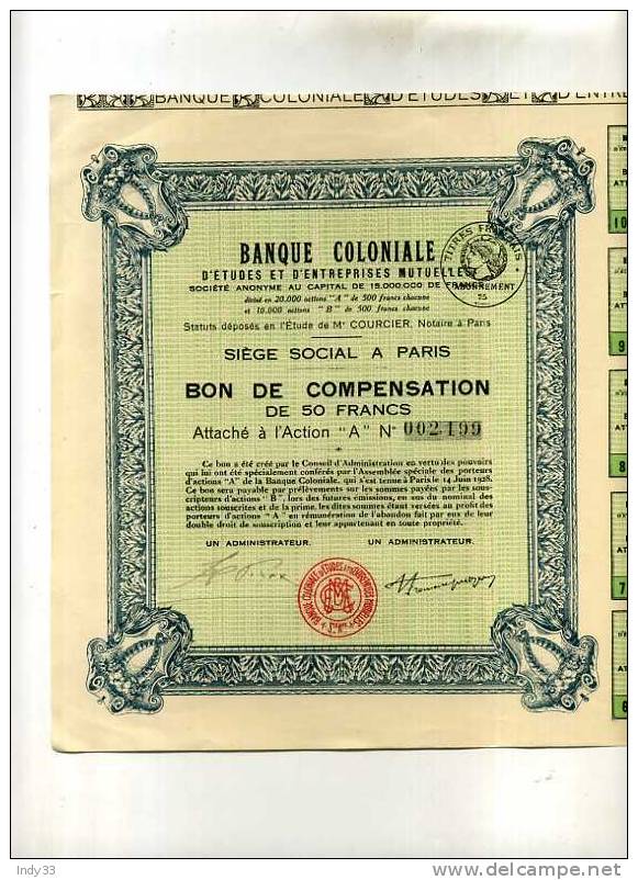 - BANQUE COLONIALE D´ETUDES ET D´ENTREPRISES MUTUELLES . BON DE COMPENSATION DE 50F - Bank & Insurance