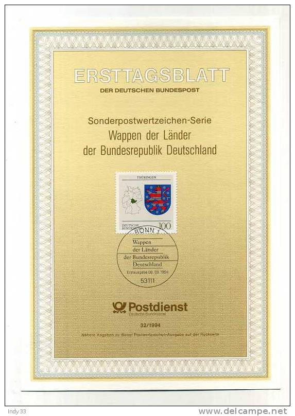 - ALLEMAGNE . RFA . FDC WAPPEN DER LÄNDER DER BUNDESREPUBLIK DEUTSCHLAND .  CACHET 1er JOUR 8/9/94  BONN - Andere & Zonder Classificatie