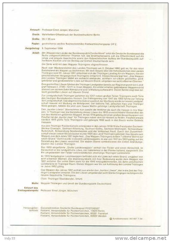 - ALLEMAGNE . RFA . FDC WAPPEN DER LÄNDER DER BUNDESREPUBLIK DEUTSCHLAND .  CACHET 1er JOUR 8/9/94  BONN - Other & Unclassified