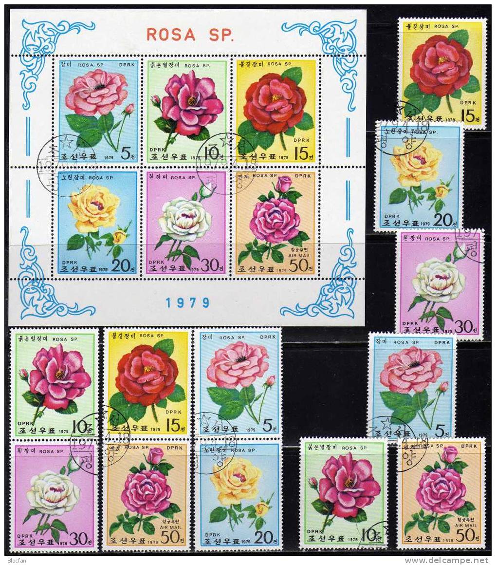 Rosenzucht 1979 Korea 1821/6,3ZD+Kleinbogen O 12€ Garten-Rosen Edelrose Strauchrose Bloc Hoja M/s Flower Sheet Bf Corea - Rosas