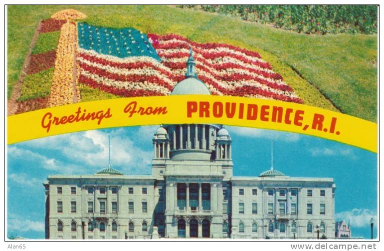 Greetings From Providence RI, State Capitol Building, American Flag, On 1950s/60s Vintage Postcard - Providence