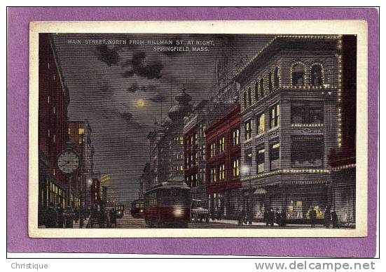 Main Street North From Hillman St. At Night, Springfield MA. 1910-20s - Springfield