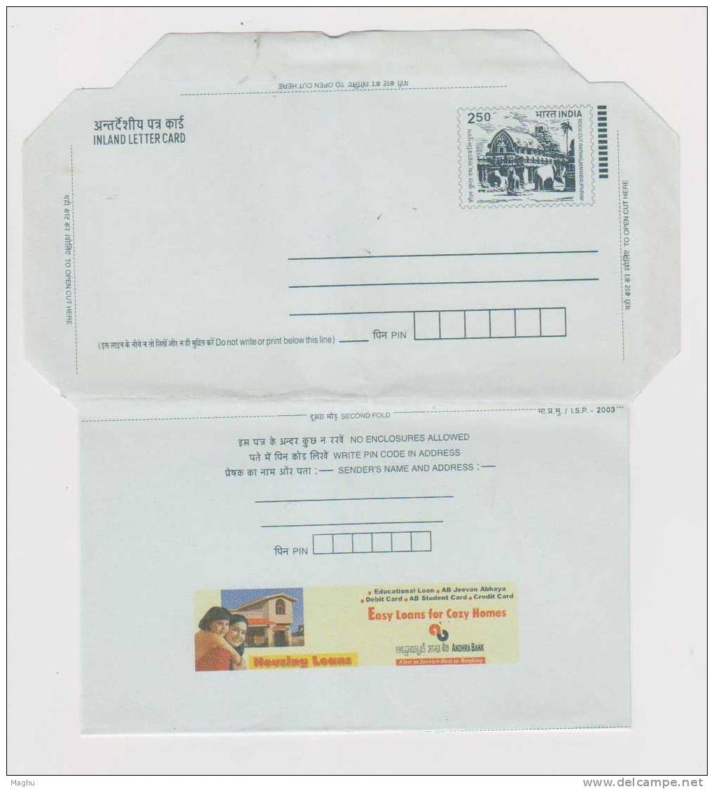 India 250 Inland Letter Postal Stationery Rock Cut, Temple, Archeology Elephant Advertisement House Education Loan, Bank - Omslagen