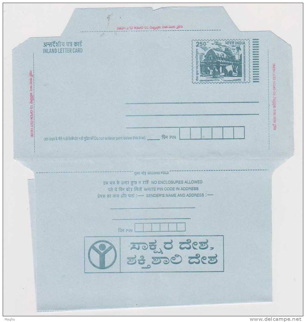 India 250 Inland Letter Postal Stationery Rock Cut,Temple, Advertisement, Education Saves Nation, Youth Symbol - Sobres