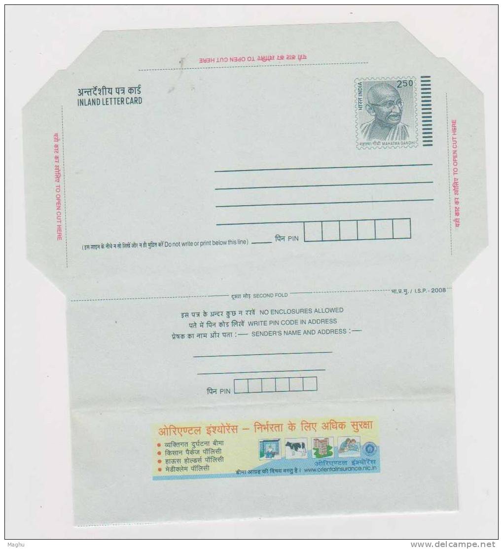 India 250 Rock Cut Inland Letter Postal Stationery Advertisement Mint, Gandhi, Insurance For Accidents, Farmer, Farm Cow - Koeien