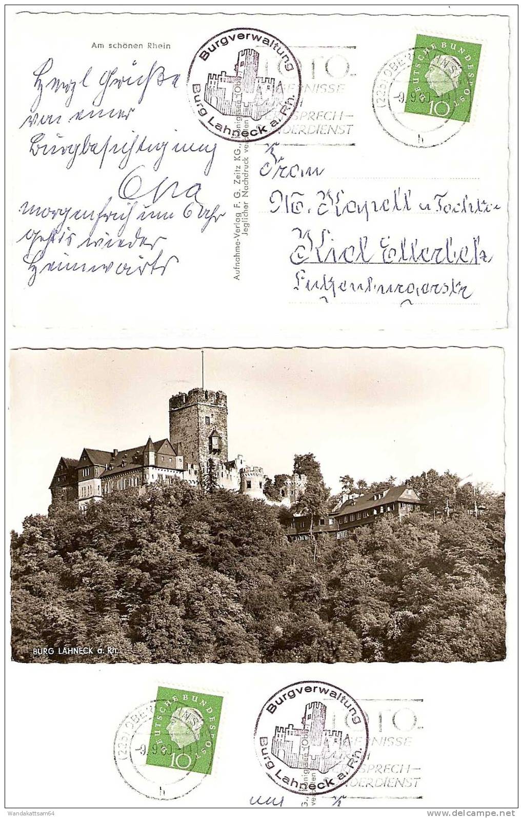 AK Am Schönen Rhein Burg Lahneck A. Rh. -9.9.60-19 (22b) OBERLAHNSTEIN H Werbestempel TOTO- ERGEBNISSE DURCH FERNSPRECH- - Lahnstein