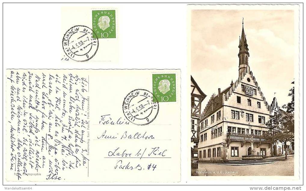AK Weinheim A. D. B. Rathaus UHR BRUNNEN Briefkasten -4.5.59.--7 (17a) WEINHEIM BERGSTR) G Nach Laboe Bei Kiel - Weinheim