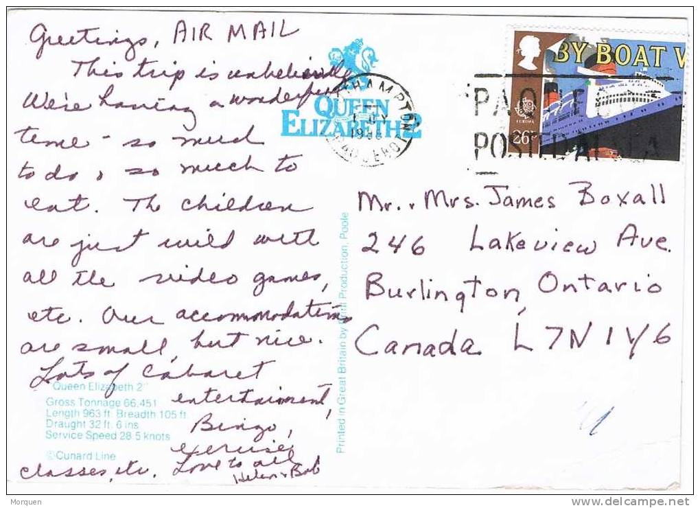 Postal Paquebot SOUTHAMPTON (Gran Bretaña) 1988. Queen Elisabeth 2 - Covers & Documents