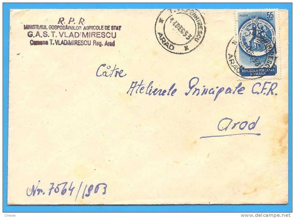 ROMANIA 1953 Cover. Cover  World Youth And Student Festival. - Oblitérés