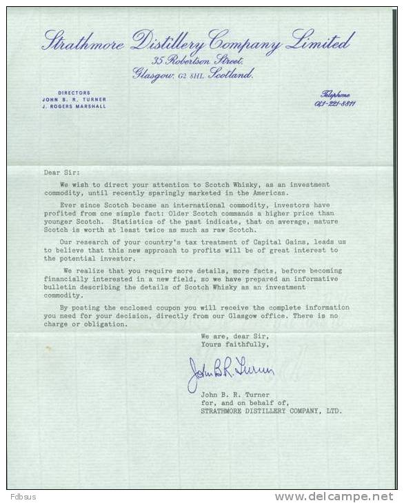 1972 STRATHMORE DISTILLERY COMPANY ENVELOPPE GLASGOW TO USA  WITH CONTENTS MET BRIEF - Unclassified