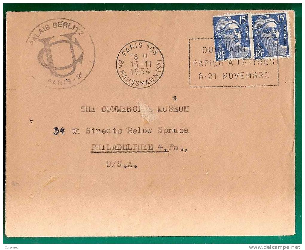 FRANCE - 1954 COVER - Type Marianne De Gandon -  From PARIS To PHILADELPHIA - Yvert # 886 (x2) - 1945-54 Marianne De Gandon