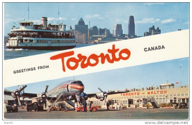 Greetings From Toronto, Airport With Propeller Plane And Equipment, Boat View On C1950s Vintage Postcard - Toronto