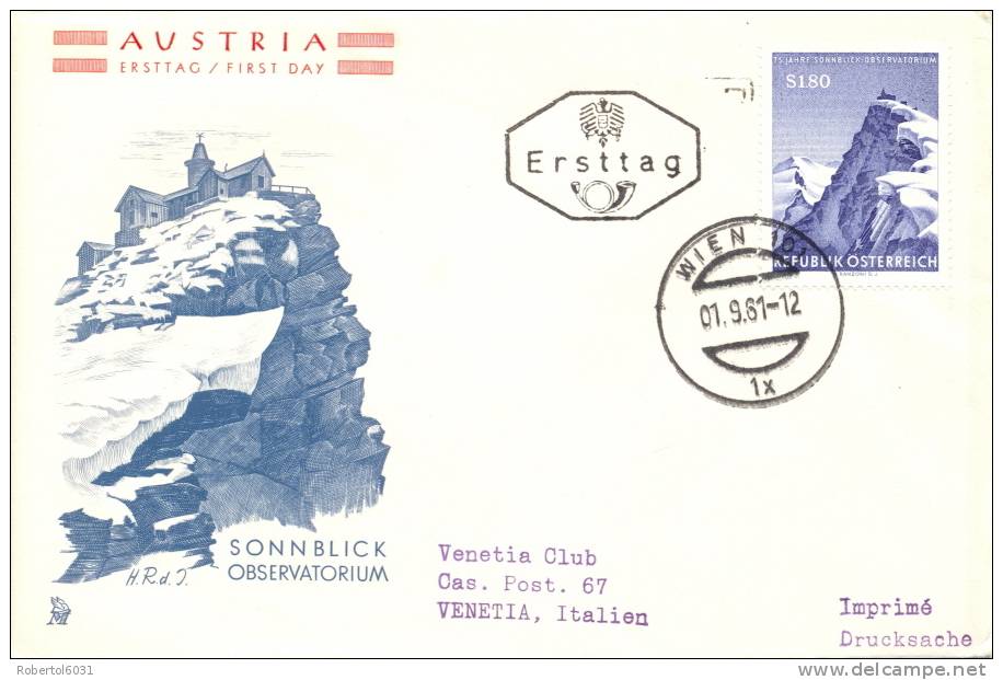 Cover FDC AUSTRIA 1961 75th Sonnblick Meteorological Observatory - Climat & Météorologie