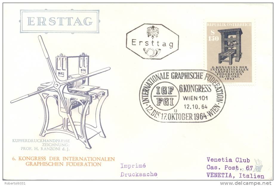 Cover FDC AUSTRIA 1964 6th International Congress Of Graphic's Federation - Grabados