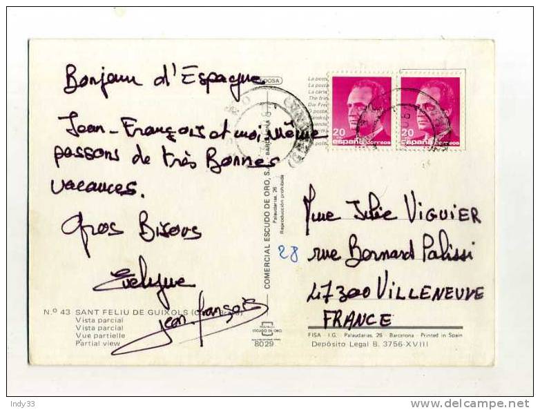 - ESPAGNE 1981/90 .  AFFRANCHISSEMENT COMPOSE SUR CP DE 1987  POUR LA FRANCE . - Cartas & Documentos