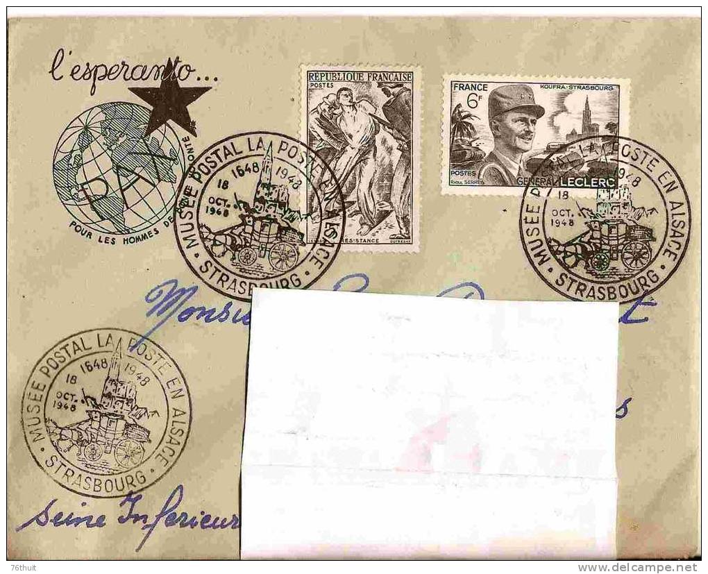 1948 - Enveloppe Lettre - Musée Postal La Poste En Alsace + Timbre Leclerc N°815 + Résistance N° 790-Pour Elbeuf - Esperanto