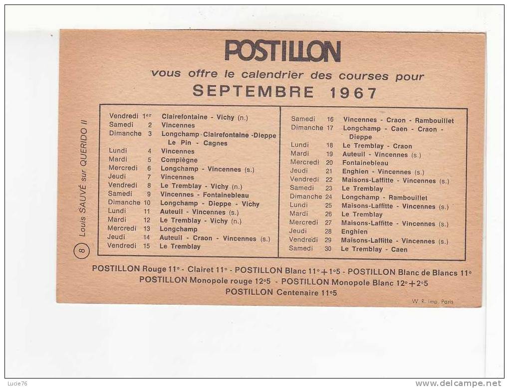 POSTILLON - Calendrier Des Courses Pour SEPTEMBRE  1967 -   Louis SAUVE Sur QUERIDO  II - Sport