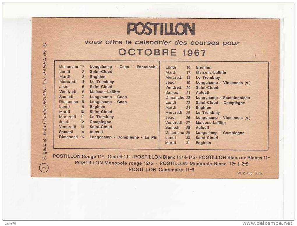 POSTILLON - Calendrier Des Courses Pour  OCTOBRE   1967 - A Gauche    Jean Claude DESAINT  Sur  PANSA  ( N° 3) - Sports