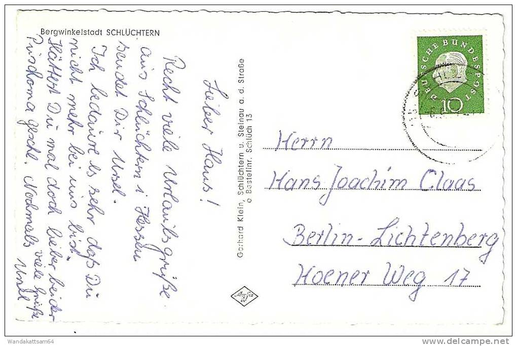 AK 13 Bergwinkelstadt SCHLÜCHTERN Ulrich-von-Hutten-Gymnasiums -6.9.61 - 17 (15  ) SCHLÜCHTERN Nach Berlin - Lichtenberg - Schluechtern